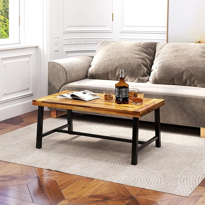 Tangkula Outdoor Acacia Wood Coffee Table, Rectangle Rustic Accent Table with Thickened Top & Heavy-Duty Metal Legs - Photo 4