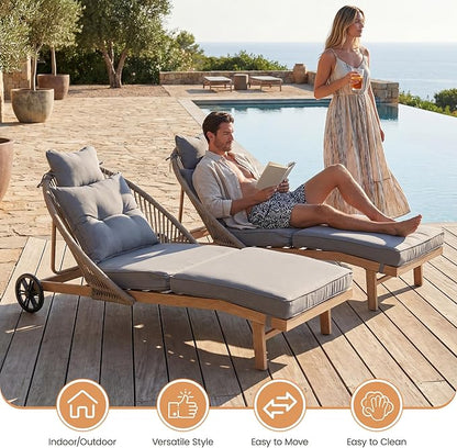 Lounge Chair Outdoor Set of 2 Chaise Lounger, Rope Lounge Chair Patio Chairs with Cushion & Backrest, Outdoor Chaise Lounges for Backyard, Poolside, Patio, Garden, Grey