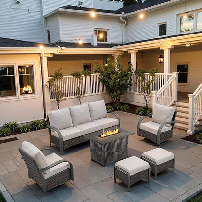 Belord Patio Furniture Set with Fire Pit Table - 50000 BTU Propane Fire Pit, 6 Piece Outdoor Conversation Furniture Sets with 2 Swivel Rocker Chair Rattan Sofa Perfect for Casual Gathering