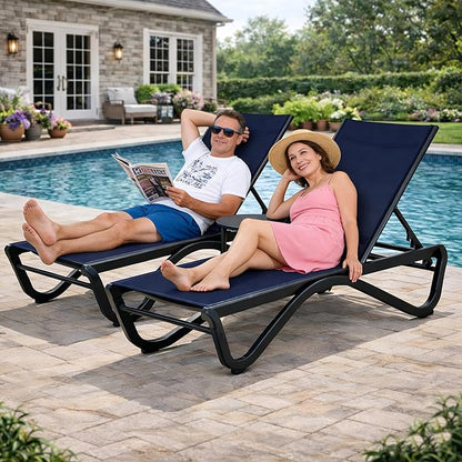 Kozyard Outdoor Chaise Lounge Chair, Full Aluminum Frame and Textilene Fabric, Adjustable Reclining Patio Lounger for Poolside, Sunbathing & Backyard (NavyBlue, 2Chairs)
