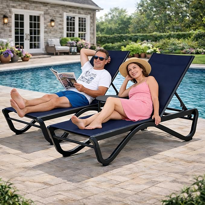 Kozyard Outdoor Chaise Lounge Chair, Full Aluminum Frame and Textilene Fabric, Adjustable Reclining Patio Lounger for Poolside, Sunbathing & Backyard (NavyBlue, 2Chairs with Table)