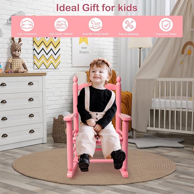 Outvita Outdoor Children's Rocking Chair, All-Weather Wooden Porch Rocker with High Backrest, Ideal for Garden, Yard, and Balcony, Patio Rocking Chair Suitable for Kids Ages 3-6(Pink)