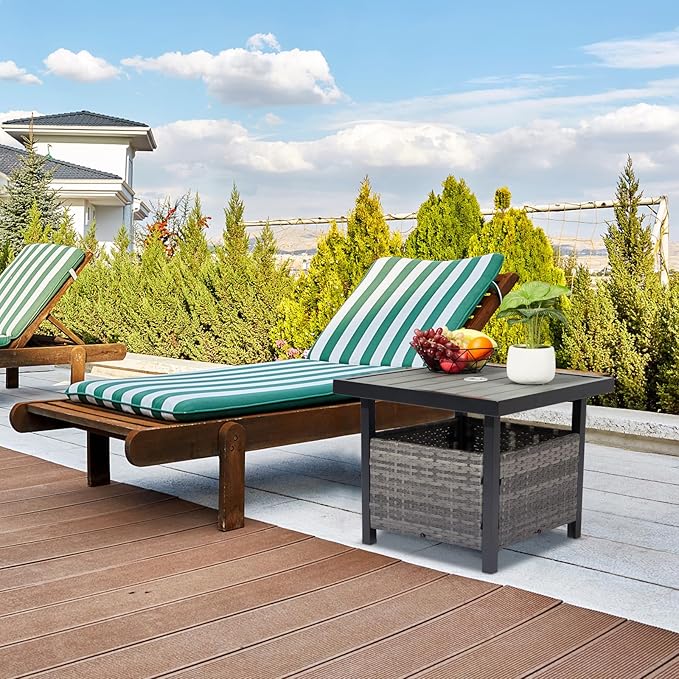 Outdoor Wicker Side Table with Umbrella Hole & Storage Space, Square PE Rattan End Table for Patio Garden Poolside Deck
