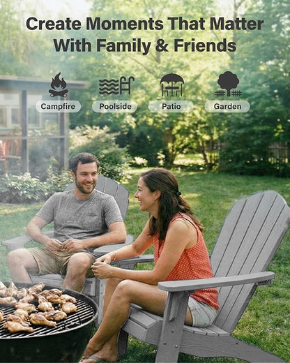Oversized Plastic Adirondack Chair Set of 2 with Cup-Holder (Large Dual-Purpose), Weather Resistant, Poly Lumber Outdoor Chairs Duty Rating Widely Used in Patio, Lawn, Outside, Deck, Garden Chair-Grey