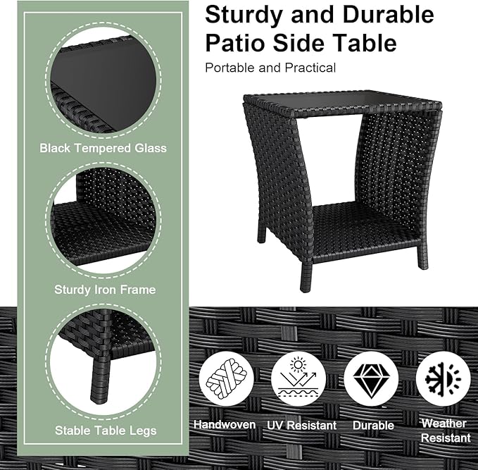 kinbor Small Outdoor Table - Set of 2 Tempered Glass Top Small Outdoor Wicker Side Table with Storage Shelf for Patio, Balcony & Porch, Durable PE Rattan & Iron Frame
