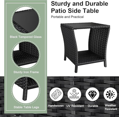 kinbor Small Outdoor Table - Set of 2 Tempered Glass Top Small Outdoor Wicker Side Table with Storage Shelf for Patio, Balcony & Porch, Durable PE Rattan & Iron Frame