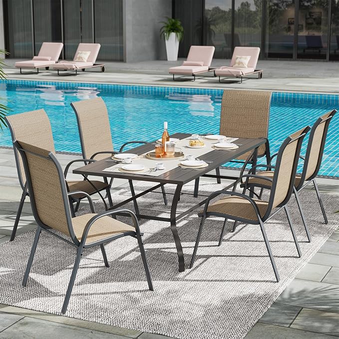 UDPATIO Patio Dining Set for 7, Outdoor Table and Chairs Set with Square Metal Table, 6 Stackable Patio Chairs, Outdoor Furniture for Deck Garden Backyard Lawn Poolside (Brown)