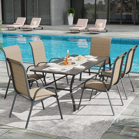 UDPATIO Patio Dining Set for 7, Outdoor Table and Chairs Set with Square Metal Table, 6 Stackable Patio Chairs, Outdoor Furniture for Deck Garden Backyard Lawn Poolside (Brown)