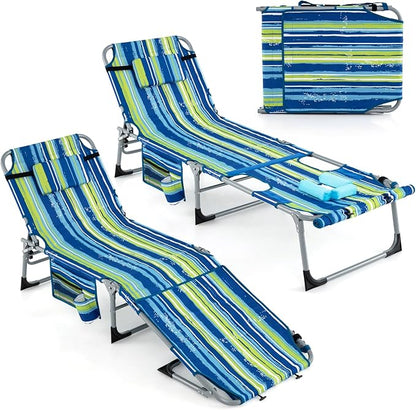 Giantex Set of 2 Tanning Chair with 5 Adjustable Position, Face & Arm Hole, Hand/Shoulder Strap, Removable Pillow, Side Pocket, Load 330 Lbs, Outdoor Lounge Chair for Sunbathing, Beach, Stripe