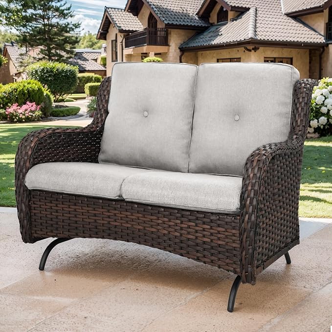 Patio Loveseat Glider Set, Resin Wicker Loveseat Glider with 2 Swivel Patio Chiars and Coffee Table, 4 Piece Patio Bistro Set Furniture Loveseat Set, Brown Wicker|Beige Cushions