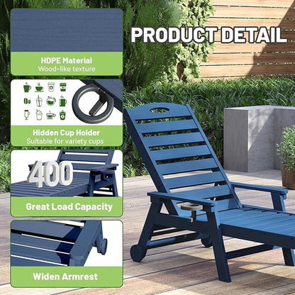 Outdoor Lounge Chairs, 78'' Long Patio Lounge Chair HDPE 5-Position Adjustable with Cup Holder & Rolling Wheels, Pool Lounge Chair for Sunbathing Tanning, Deck, Poolside -Dark Blue