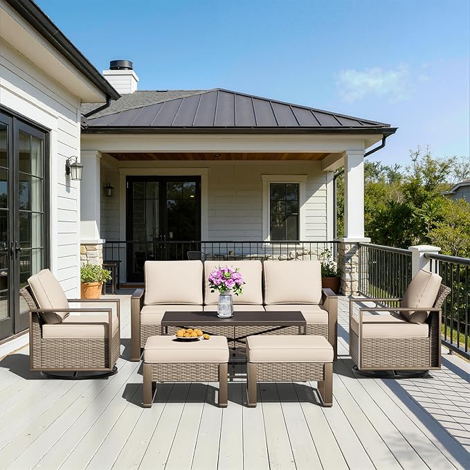 6 Pieces Metal Wicker Patio Furniture Set - 75" Sofa, Two Swivel Chairs and Two Ottomans - Photo 8