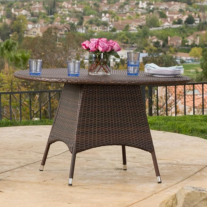 Outdoor Dining Table with PE Wicker Tabletop and Powder Coated Iron Frame Water Resistant Design Durable Construction for Patio Garden Backyard Modern Style Circular Tabletop