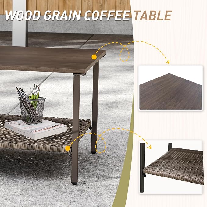 Vista Oasis Outdoor Steel Patio Table, Patio Side Table with Lower Storage, Outdoor Furniture for Balcony, Porch and Garden, Wood Grain Top