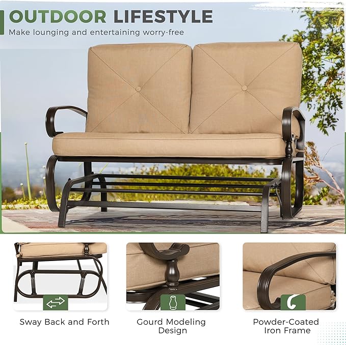 Crownland Outdoor Patio Glider Chair, Rocking Glider Bench for 2 Person, Porch Furniture Loveseat Seating - Photo 4