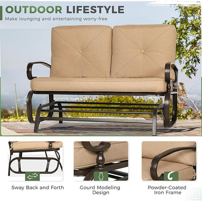Crownland Outdoor Patio Glider Chair, Rocking Glider Bench for 2 Person, Porch Furniture Loveseat Seating, Wrought Iron Patio Gliders for Outside, Porch, Garden(Brown)