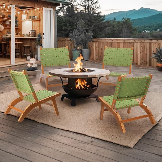 VINGLI Wooden Outdoor Chair, All-Weather Patio Seat with PE Woven Fabric, Adirondack Chair for Lawn, Balcony, Deck (1, Green and Brown)