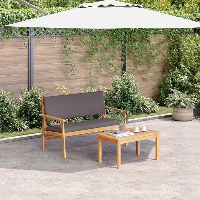 vidaXL Acacia Wood Outdoor Seating Set Includes 1 Bench and 2 Chairs with Cushions Weather Resistant Patio Furniture for Garden Balcony Durable Traditional Design Wooden Chair Cushioned