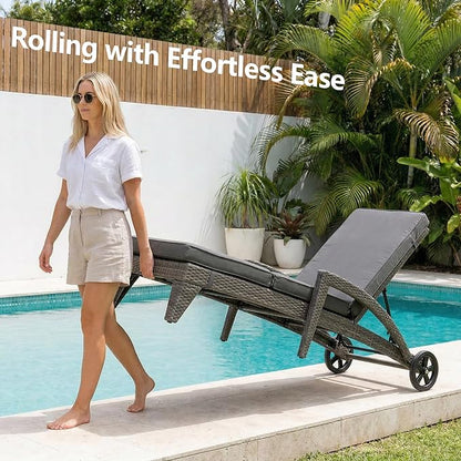 Chaise Lounge Chairs Set of 4, Upholstered 4-Positions Adjustable Lounge Chairs, Wicker Outdoor Long Reclining Chaise Lounge Set Pool Lounge Chairs with Wheels for/Deck/Beach/Yard, Grey