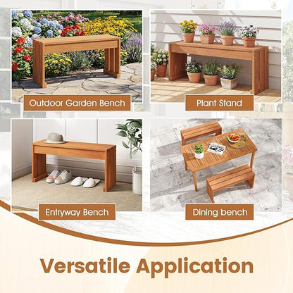 Tangkula Wood Outdoor Garden Bench, 2-Person Patio Backless Bench with Solid Wooden Frame, Wooden Plant Stand with 440 LBS Weight Capacity, Outside Bench for Backyard, Porch, Entryway, Park