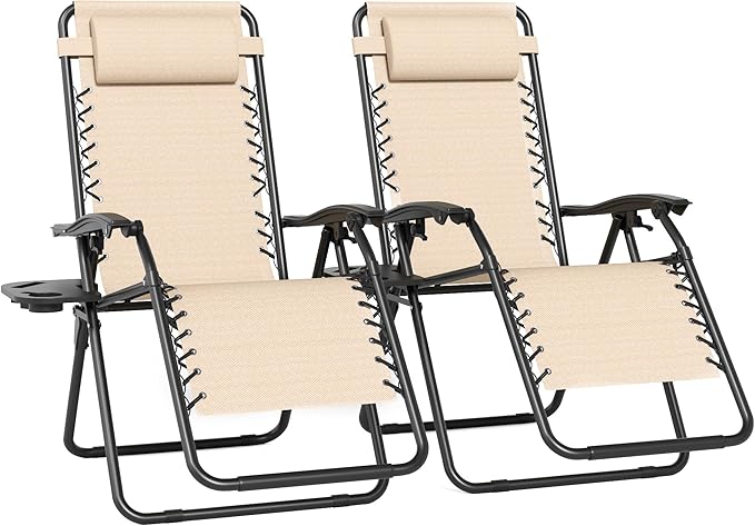 Set of 2 Adjustable Zero Gravity Lounge Chairs Outdoor Recliner w/Cup Holder Tray & Removable Pillows, Ergonomic Reclining Chair for Camping Patio Lawn Balcony (Beige-Brown)