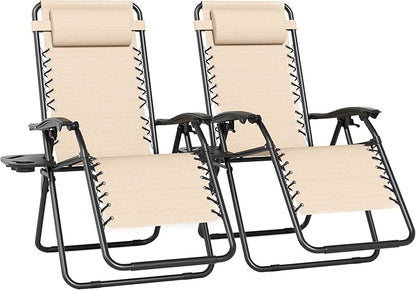 Set of 2 Adjustable Zero Gravity Lounge Chairs Outdoor Recliner w/Cup Holder Tray & Removable Pillows, Ergonomic Reclining Chair for Camping Patio Lawn Balcony (Beige-Brown)