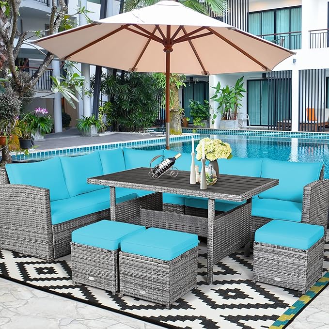 COSTWAY 7 PCS Wicker Outdoor Conversation Set, Patio Sectional Furniture Sofa Set with Table & Seat Cushions, Rattan Furniture Sets for Backyard Garden Poolside Porch, Turquoise