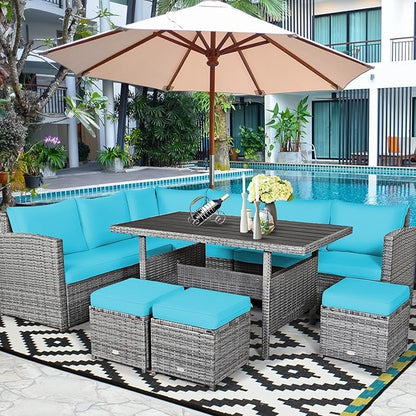 COSTWAY 7 PCS Wicker Outdoor Conversation Set, Patio Sectional Furniture Sofa Set with Table & Seat Cushions, Rattan Furniture Sets for Backyard Garden Poolside Porch, Turquoise