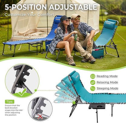 FUNDANGO 2 Pack Folding Chaise Lounge Chair Outdoor, 5 Positions Foldable Beach Lounges Chairs for Adults with Side Table & Pillow for Outside Tanning Pool Camping Patio Lawn (Cyan)