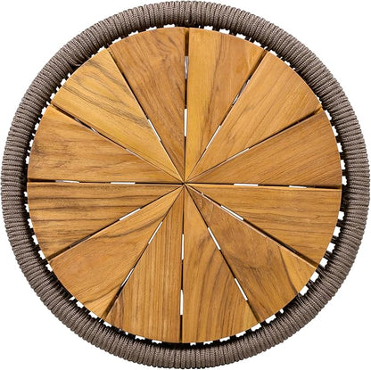 Merax 2 Pieces Round Outdoor Side Table Set, Bohemian Patio Side Tables with Acacia Wood Top and Dark Grey Handwoven Rope Base for Garden, Yard, Elegant Hourglass Design, No Assembly, 18.9" Height