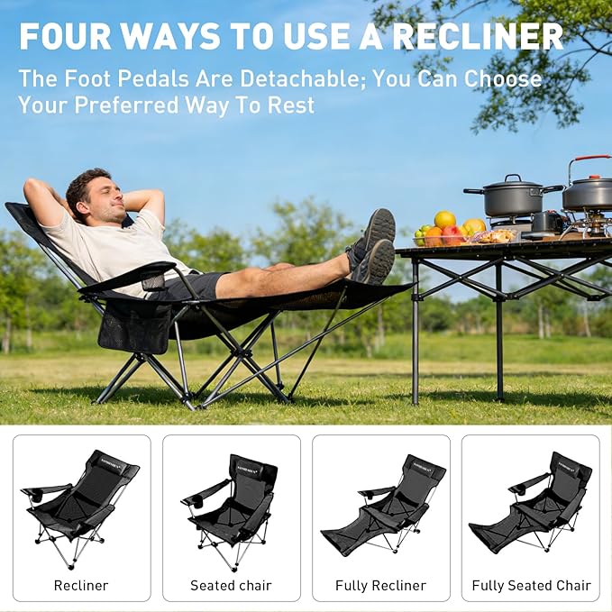 Zero Gravity Chair, Reclining Camping Chair with Padded Pillow, Cup Holder, Storage Pocket & Carry Bag, 4-in-1 Portable Camping Recliner for Outdoor, Beach, Garden, and Backyard - Black Mesh