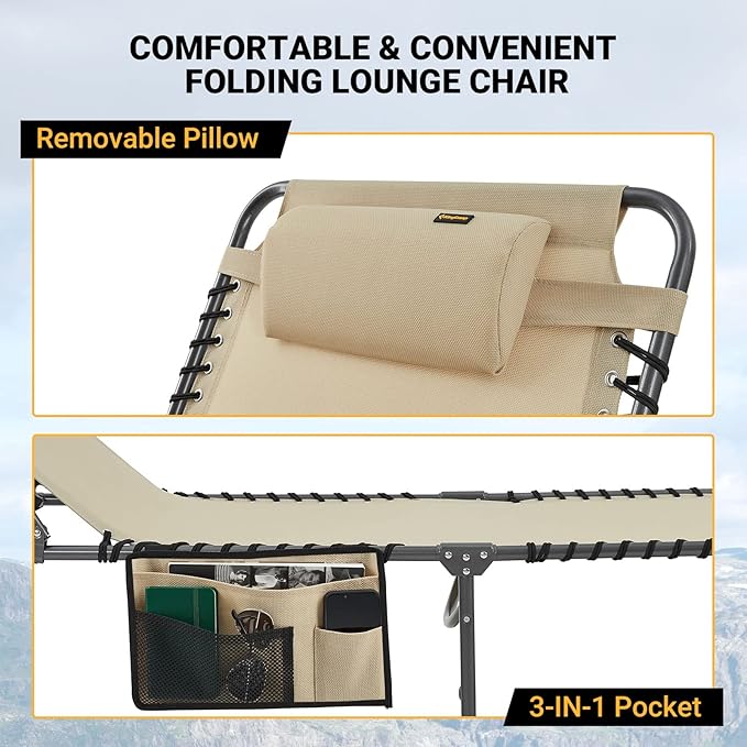 KingCamp Oversized Lounge Chair, Folding Portable Tanning Chairs Comfy Adjustable 5-Position Foldable Chaise Chaser Lounger with Pillow for Outdoor Beach Patio Sun Bathing Pool Backyard, Khaki