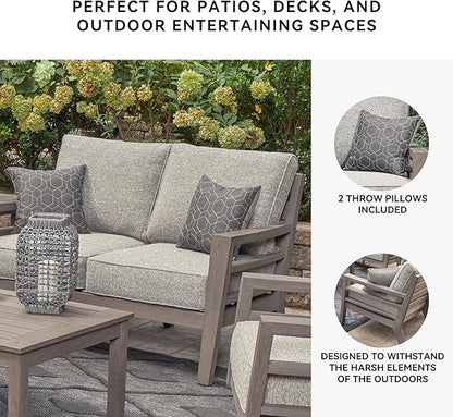 Signature Design by Ashley Hillside Barn Contemporary Nuvella Weather Resistant Fabric Outdoor Loveseat with Cushion and 2 Throw Pillows, Light Brown & Light Gray
