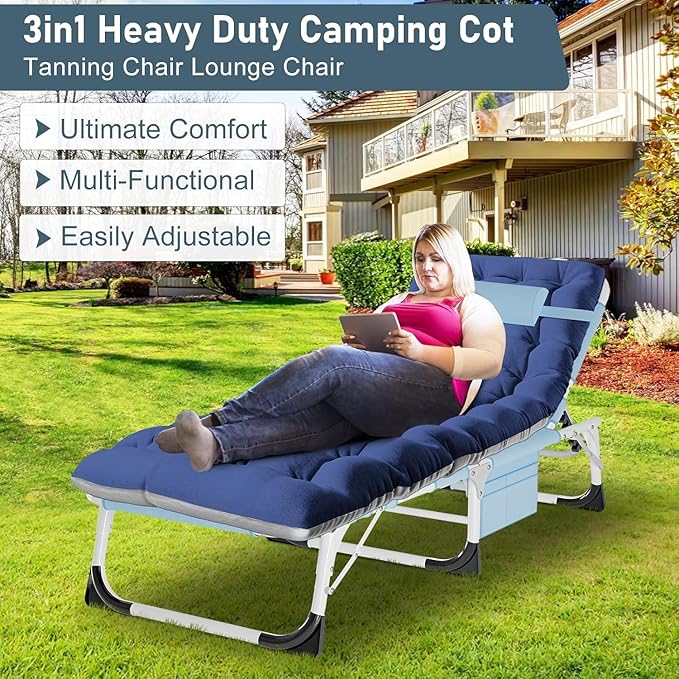 ABORON Oversized Folding Sun Tanning Chair, 3 in 1 Heavy Duty Chaise Lounge Chairs, with Mat/Pillow/Face Arm Holes - Photo 3
