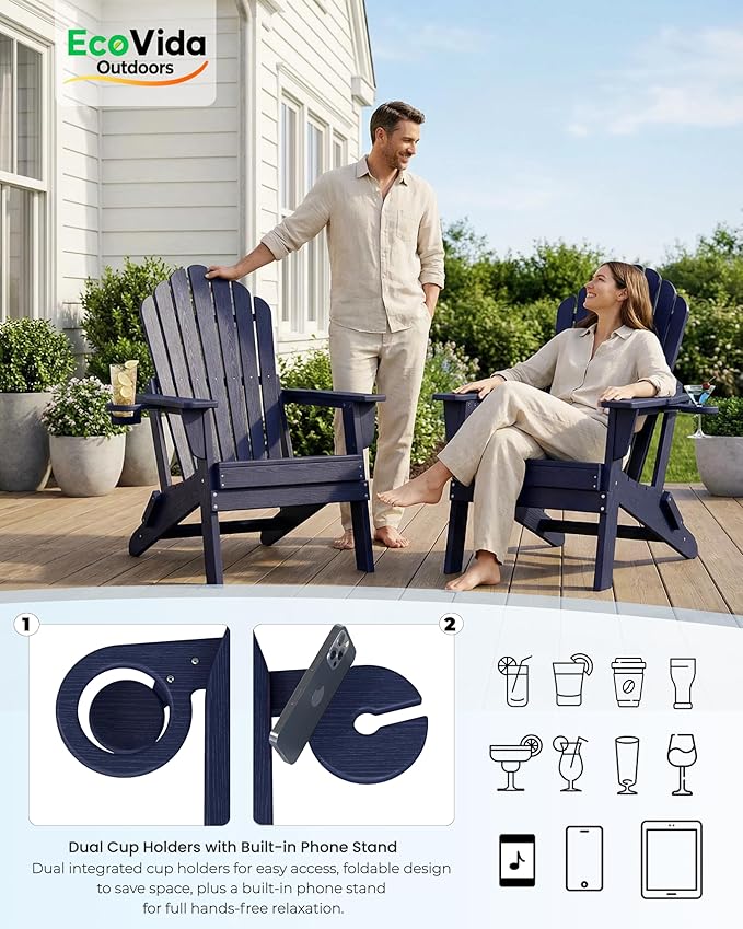 Oversized Adirondack Chair with Dual Cup Holders, Ergonomic High Back HDPE Fire Pit Chair, 380lbs Capacity All-Weather Outdoor Patio Lounge Chair for Garden, Deck, Yard - Navy Blue