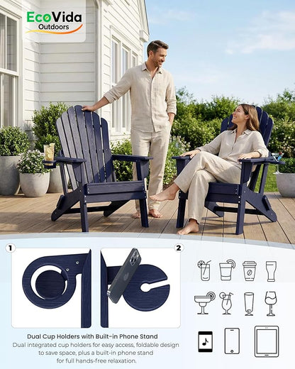 Oversized Adirondack Chair with Dual Cup Holders, Ergonomic High Back HDPE Fire Pit Chair, 380lbs Capacity All-Weather Outdoor Patio Lounge Chair for Garden, Deck, Yard - Navy Blue