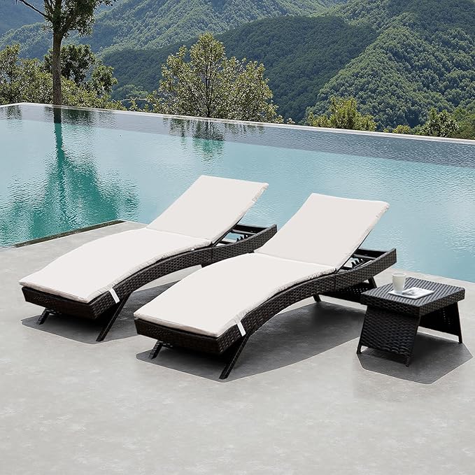 Patio Chaise Lounge 2 Foldable Chairs with Detachable Cushions + 1 Table, Outdoor Rattan Adjustable Back Folding Chaise Lounges and Coffee Table, Sunbathing Recliners and Side Table