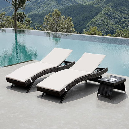 Patio Chaise Lounge 2 Foldable Chairs with Detachable Cushions + 1 Table, Outdoor Rattan Adjustable Back Folding Chaise Lounges and Coffee Table, Sunbathing Recliners and Side Table