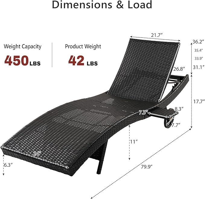 Patio Wicker Chaise Lounge Chairs Set of 2, Outdoor Reclining Lounge Chair w/Rolling Wheels, Pull-Out Side Table - Photo 2