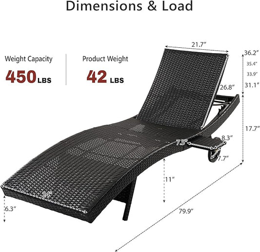 Patio Wicker Chaise Lounge Chairs Set of 2, Outdoor Reclining Lounge Chair w/Rolling Wheels, Pull-Out Side Table, Adjustable Backrest, Ergonomic Wave Design for Poolside, Deck (Black+Brown/W)