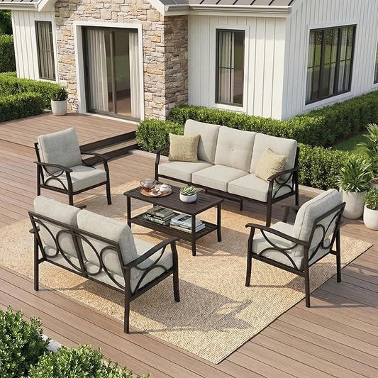 RoyalCraft Outdoor Patio Furniture Set, 7 Seats Outdoor Patio Set with 4" Thick Cushion, All-Weather Metal Patio Sofa with Coffee Table, Outdoor Sectional Furniture for Backyard Porch, Khaki&Beige