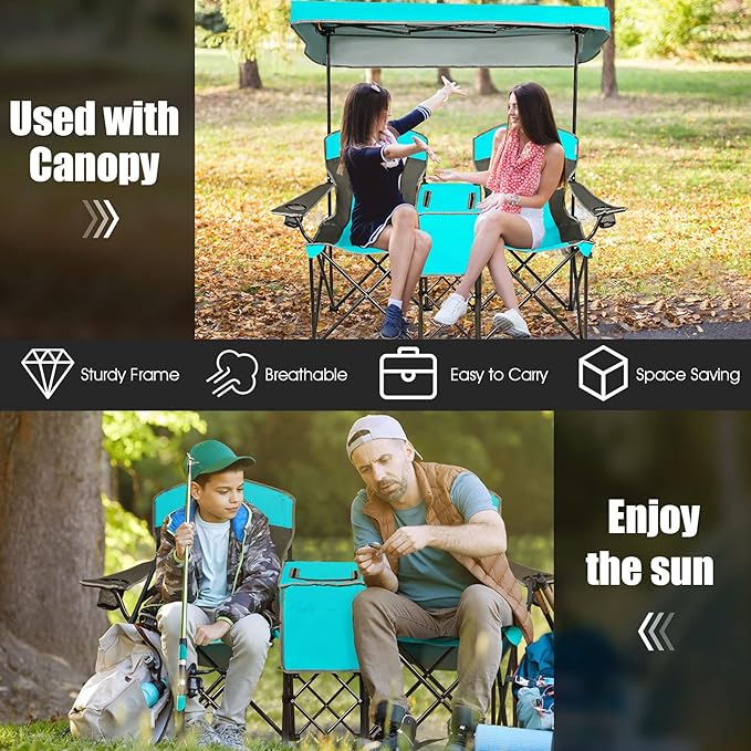 S AFSTAR Double Camping Chair w/Shade Canopy, 2-Person Folding Camp and Beach Chair with Mini Table Beverage Cup Holder Carrying Bag, Collapsible Camping Chairs for Garden Patio Pool Beach