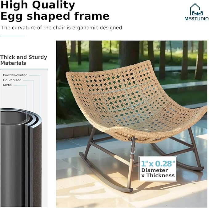 MFSTUDIO Outdoor Papasan Rocking Chair with Ottoman, Wicker Rattan Egg Papasan Rocking Chair, Oversized Egg Shaped Patio Chair, Outdoor Lounge Rocker Chairs for Patio, Balcony, Porch and Indoor