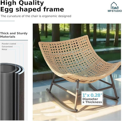 MFSTUDIO Outdoor Papasan Rocking Chair with Ottoman, Wicker Rattan Egg Papasan Rocking Chair, Oversized Egg Shaped Patio Chair, Outdoor Lounge Rocker Chairs for Patio, Balcony, Porch and Indoor