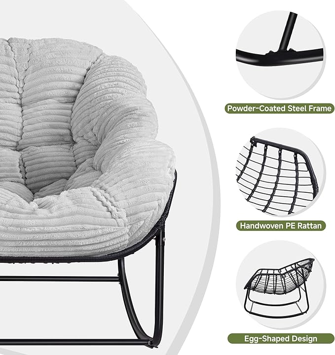 Indoor Rocking Chair, Oversized Outdoor Lounge Chair with Thick Corduroy Cushion & Straps - Photo 5
