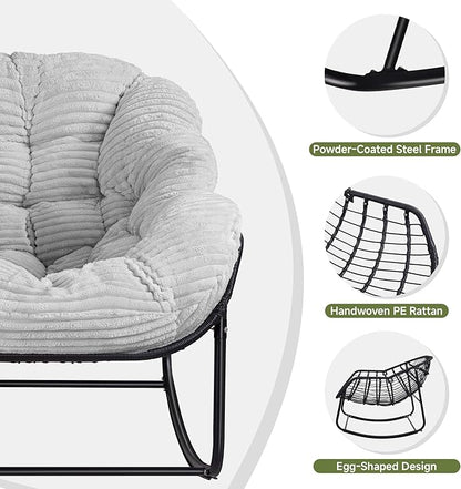 Indoor Rocking Chair, Oversized Outdoor Lounge Chair with Thick Corduroy Cushion & Straps, Wicker Modern Comfy Rocker Egg Chair for Living Room, Bedroom, Porch and Courtyard, Light Gray