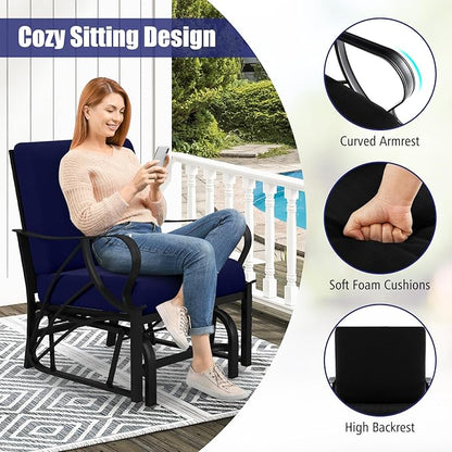 Giantex 2-Pack Outdoor Glider, Patio Rocking Chair with Thick Cushion, Sturdy Metal Frame, Curved Armrest, Ergonomic Design, Single-Person Glider Chair for Garden, Yard, Porch Rocker, Navy