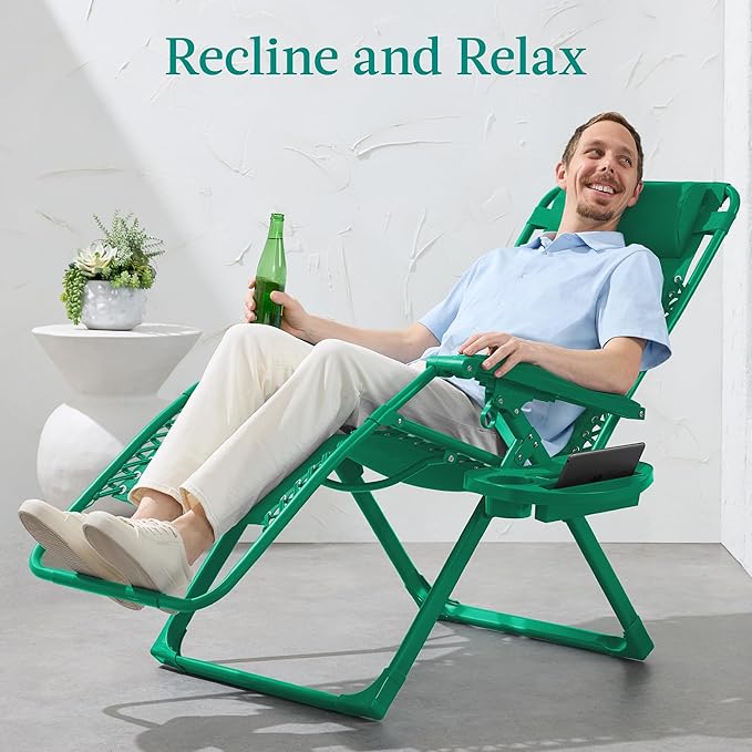 Best Choice Products Adjustable Zero Gravity Chair, Monochromatic Color Folding Patio Recliner w/Side Tray, Headrest - Emerald