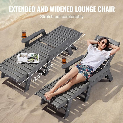 VEVOR Chaise Lounge Chair, 400 lbs Weight Capacity, 6 Positions Adjustable Patio Lounge Chair, Outdoor HDPE Lounge Chair with Backrest & Cup Holder, for Pool Poolside Deck Backyard Lawn, Gray