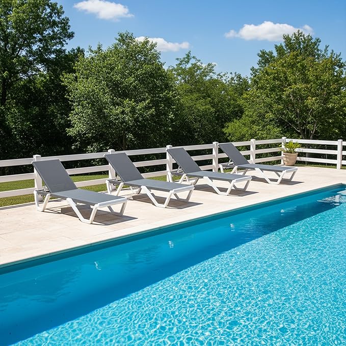 PURPLE LEAF Outdoor Chaise Lounge Set of 4 Plastic Pool Lounge Chair with Aluminum Frame Stackable Patio Tanning Chairs for Poolside Sunbathing Beach Deck, Dark Grey